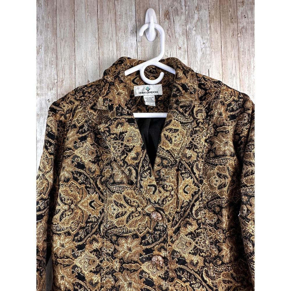 Erin London Vintage Tapestry Jacket L Gold Black Floral Paisley Velvet Blazer